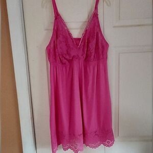 Cacique Chemise Babydoll Slip Dress Lingerie Nightgown Lace Hot Pink Bling 18/20